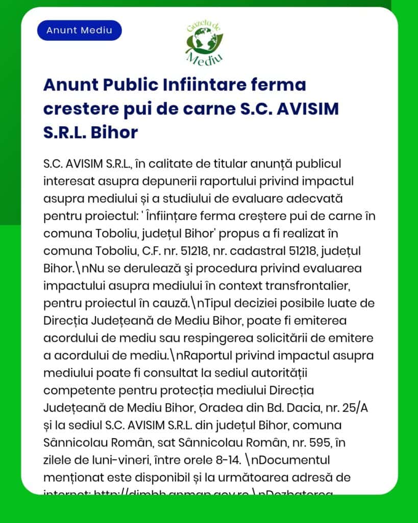 S.C. AVISIM S.R.L. anunță înființarea unei ferme de carne în Toboliu, Bihor, și informații despre evaluarea de mediu.