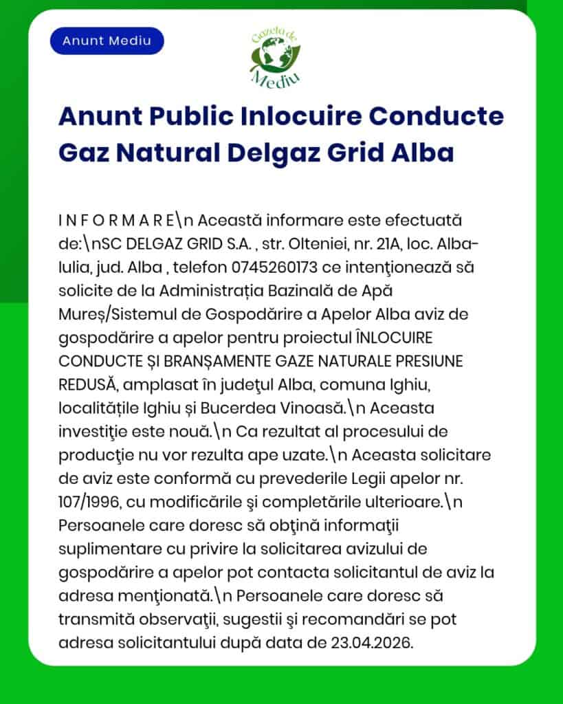 Anunț privind înlocuirea conductelor de gaze naturale în Alba, România, cu detalii despre proiect.