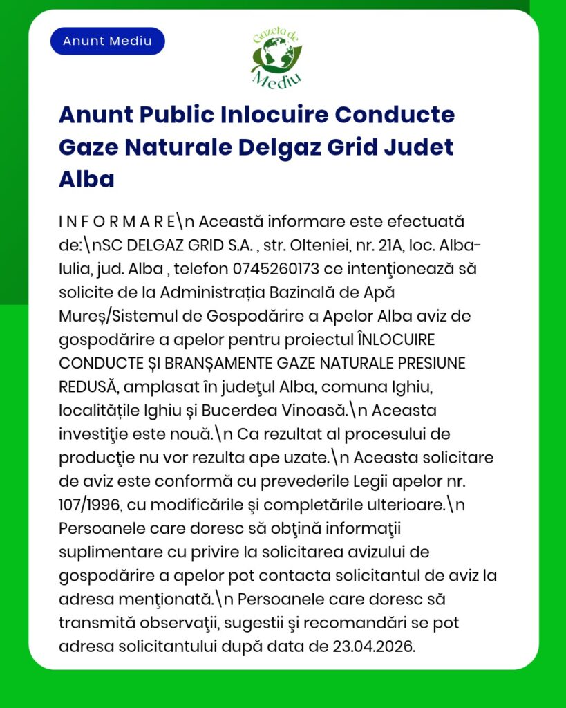 Anunț privind înlocuirea conductelor de gaze naturale în județul Alba, cu detalii despre proiect.