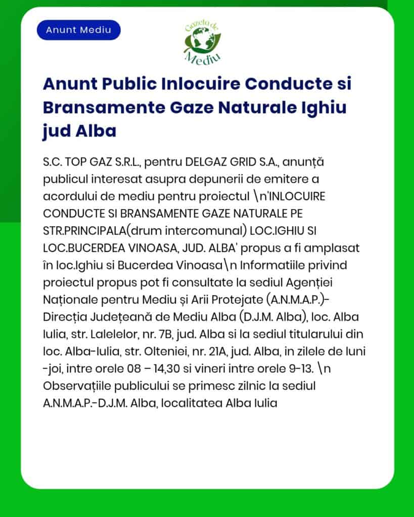 Anunț privind înlocuirea conducătoarelor de gaze naturale în Ighiu, județul Alba.