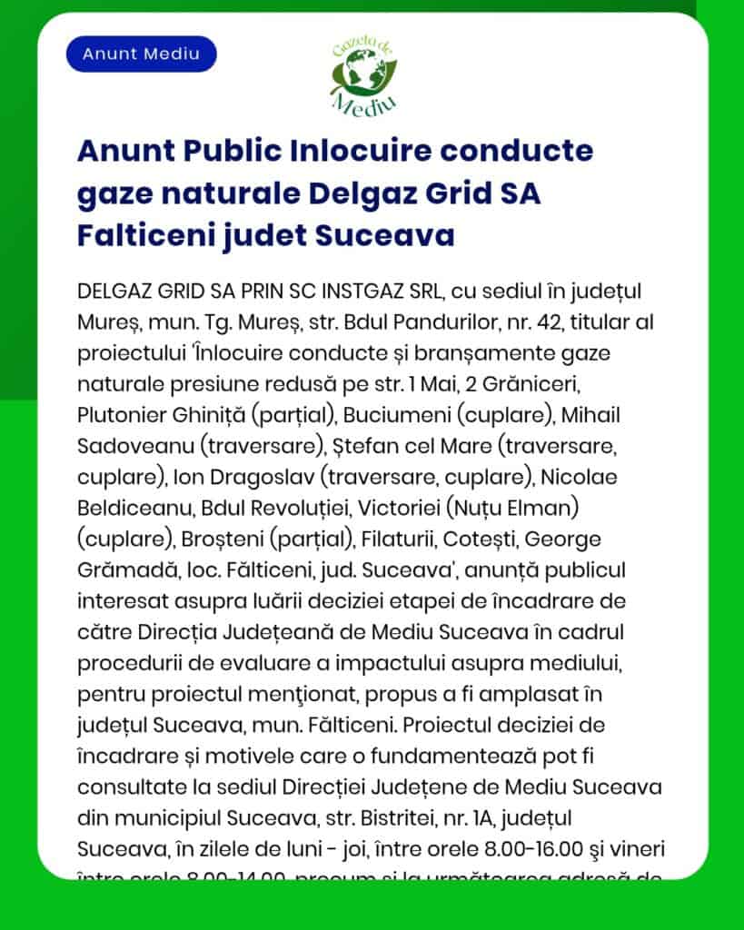 Înlocuire conducte gaze naturale de către Delgaz Grid SA în localitățile din Suceava, cu străzi și intervenții menționate.