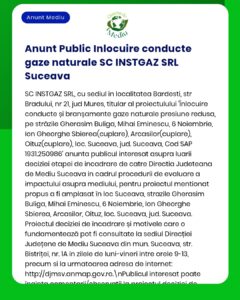 Anunț privind înlocuirea conductelor de gaze naturale de către SC INSTGAZ SRL în Bărdăști, Suceava.