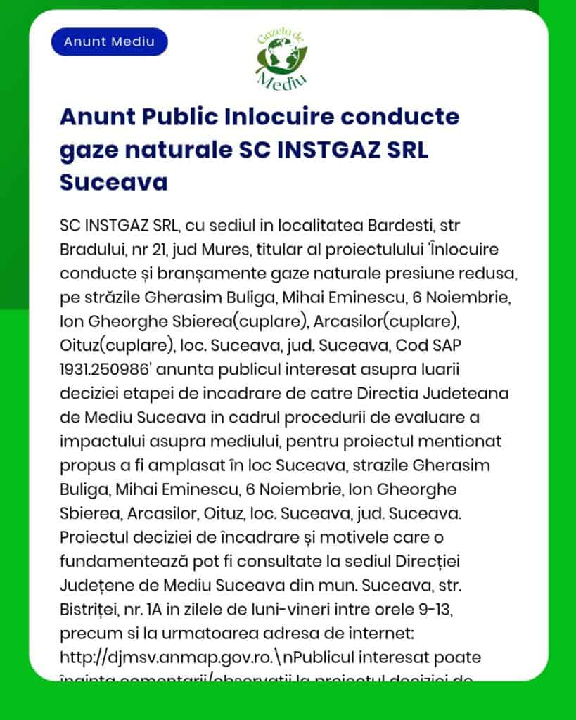Anunț privind înlocuirea conductelor de gaze naturale de către SC INSTGAZ SRL în Bărdăști, Suceava.