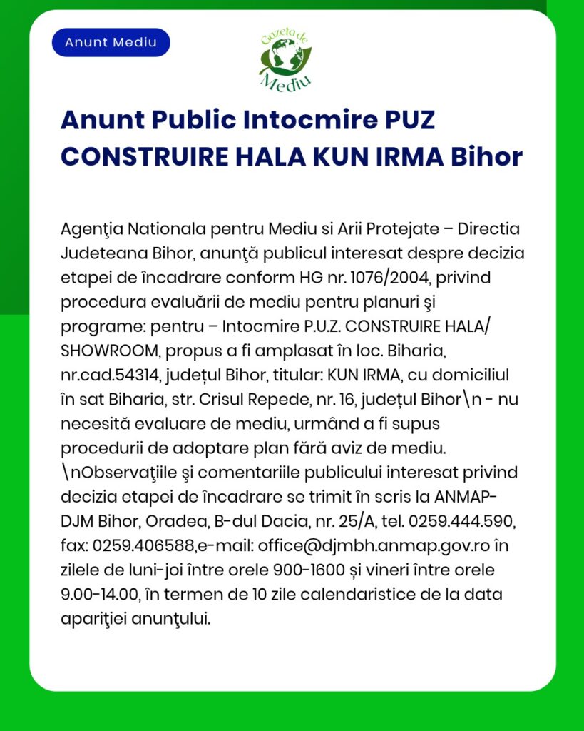 Anunț APM privind procedura de elaborare a planului urbanistic pentru un depozit în județul Bihor, România.
