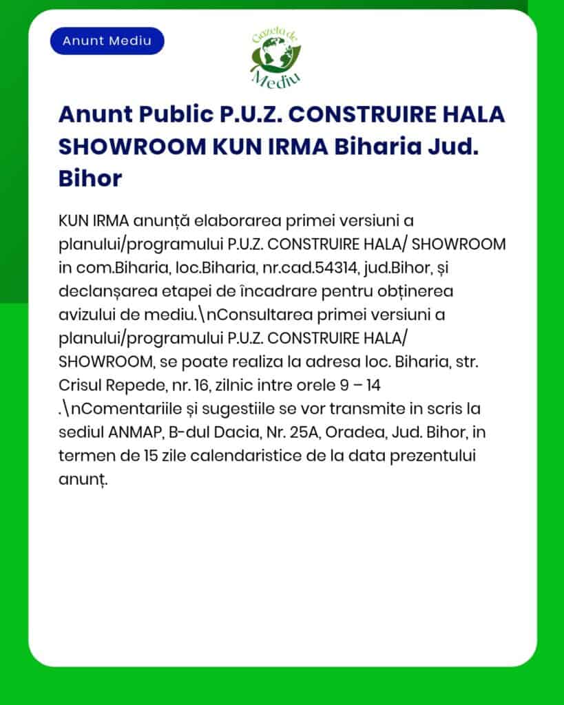 Anunț privind construirea unei săli showroom în Biharia, Bihor, inclusiv detalii despre procesul de solicitare și aviz APM.