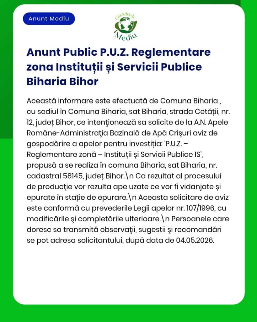 Anunț privind reglementarea PUZ pentru zona de instituții publice și servicii în Biharia, județul Bihor.