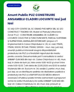 Anunț despre proiect de construcții locuințe în județul Iași, cu referințe legale.