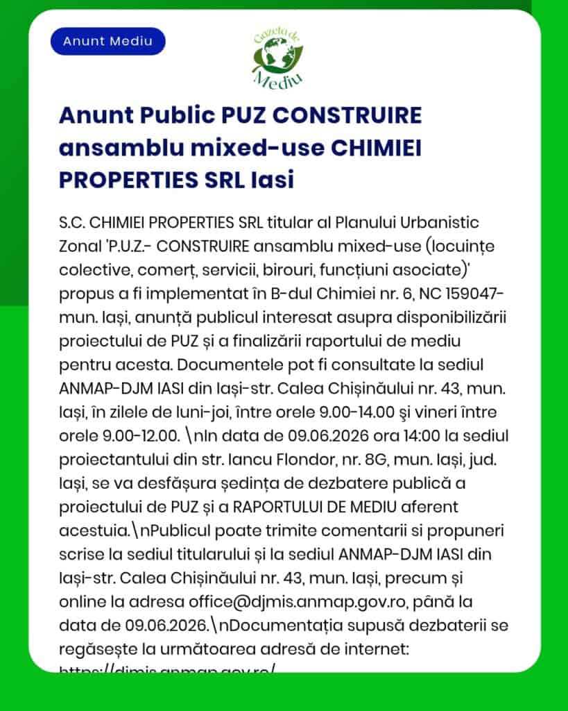 Anunț privind construirea unei clădiri mixte de către CHIMIEI PROPERTIES SRL, cu detalii despre proiect.