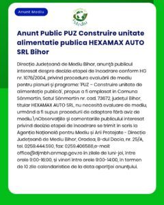 APM Bihor anunță procedura de evaluare pentru proiectul urbanistic HEXAMAX AUTO SRL în Sămărtin, Bihor.