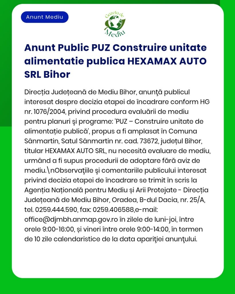 APM Bihor anunță procedura de evaluare pentru proiectul urbanistic HEXAMAX AUTO SRL în Sămărtin, Bihor.