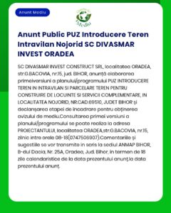 Anunț privind introducerea terenului în intravilan Oradea de către SC DIVASMAR INVEST CONSTRUCT SRL.