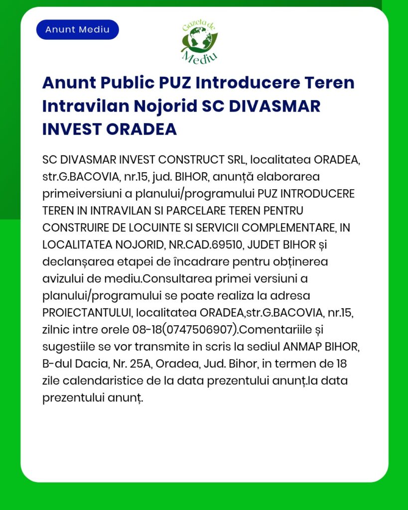 Anunț privind introducerea terenului în intravilan Oradea de către SC DIVASMAR INVEST CONSTRUCT SRL.