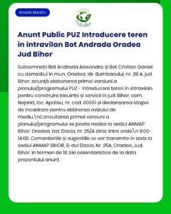 Anunț privind prezentarea publică a unui plan de dezvoltare pentru locuințe în Oradea, județul Bihor.