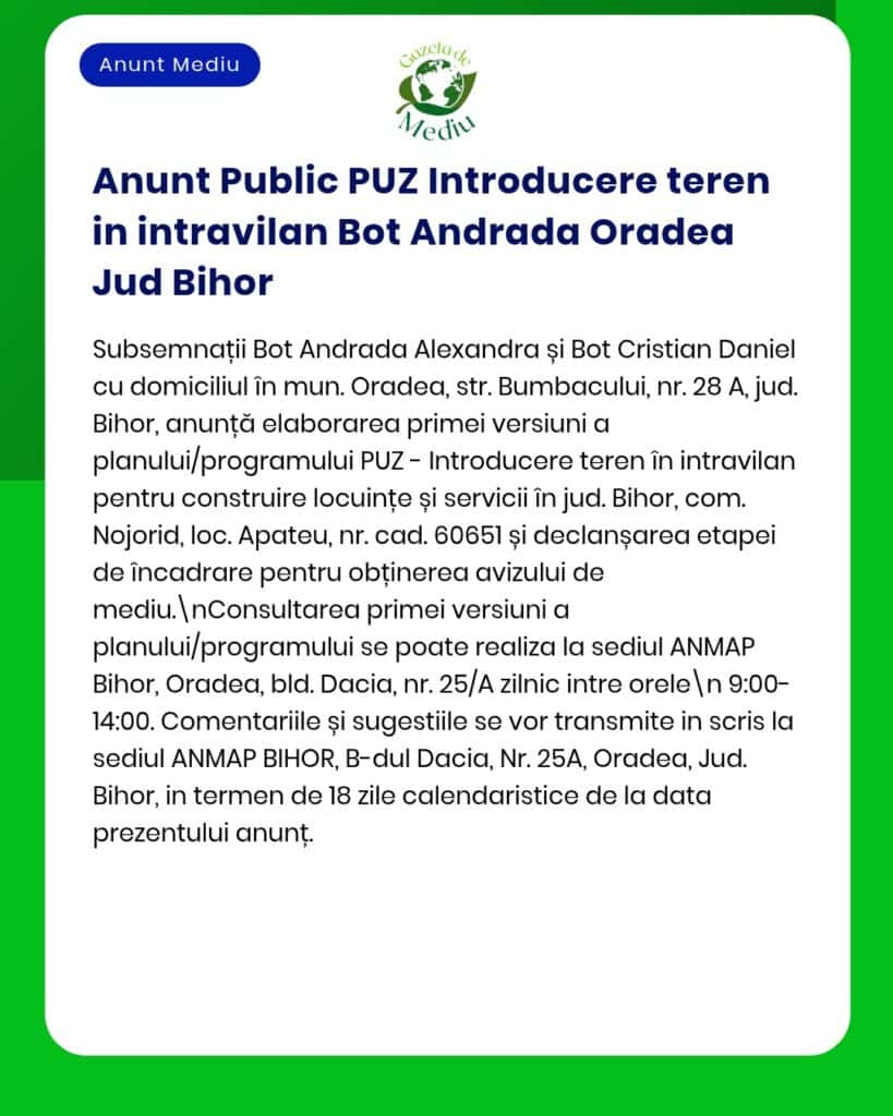 Anunț privind prezentarea publică a unui plan de dezvoltare pentru locuințe în Oradea, județul Bihor.