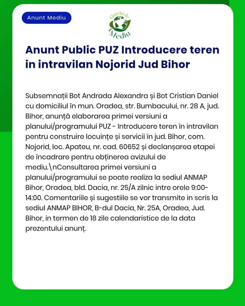 Anunț privind introducerea de teren în județul Bihor, România, cu detalii despre solicitarea avizului APM pentru planuri urbanistice.