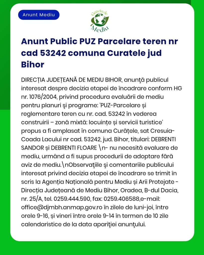 Anunț despre reglementarea și zonarea terenului nr. 53242 din județul Bihor.