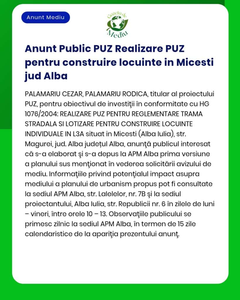 PUZ proiect pentru construire locuințe individuale în Micești, județul Alba.