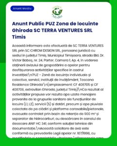 Anunț privind solicitarea de aprobare pentru zona rezidențială individuală de către SC TERRA VENTURES SRL în Ghiroda, Timiș.