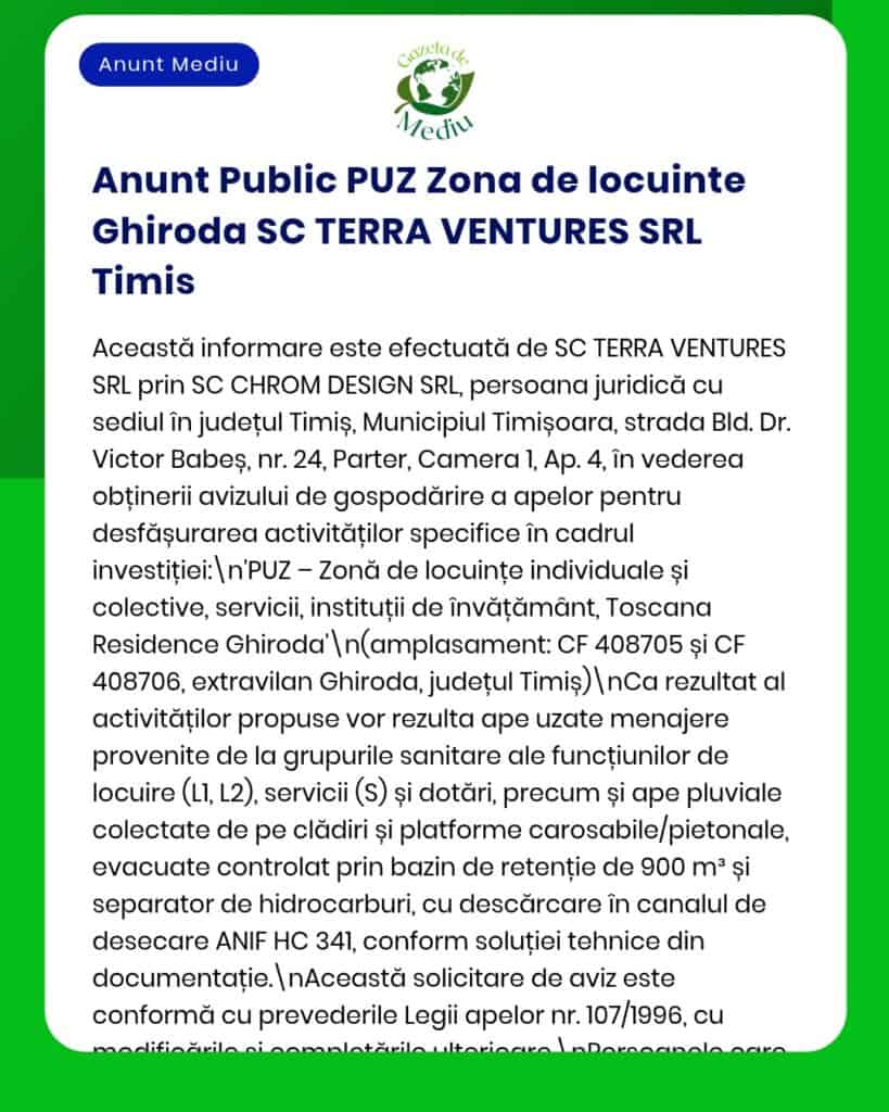 Anunț privind solicitarea de aprobare pentru zona rezidențială individuală de către SC TERRA VENTURES SRL în Ghiroda, Timiș.