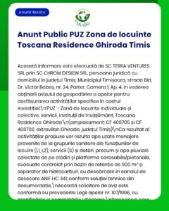 Anunț despre un plan urbanistic de zonare pentru locuințe individuale în județul Timiș, emis de SC Terra Ventures și SC Chrom Design.
