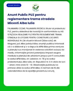 Anunț despre proiectul urbanistic de construire locuințe pe str. Măgurii, Micești, Alba Iulia, cu detalii privind procedura.
