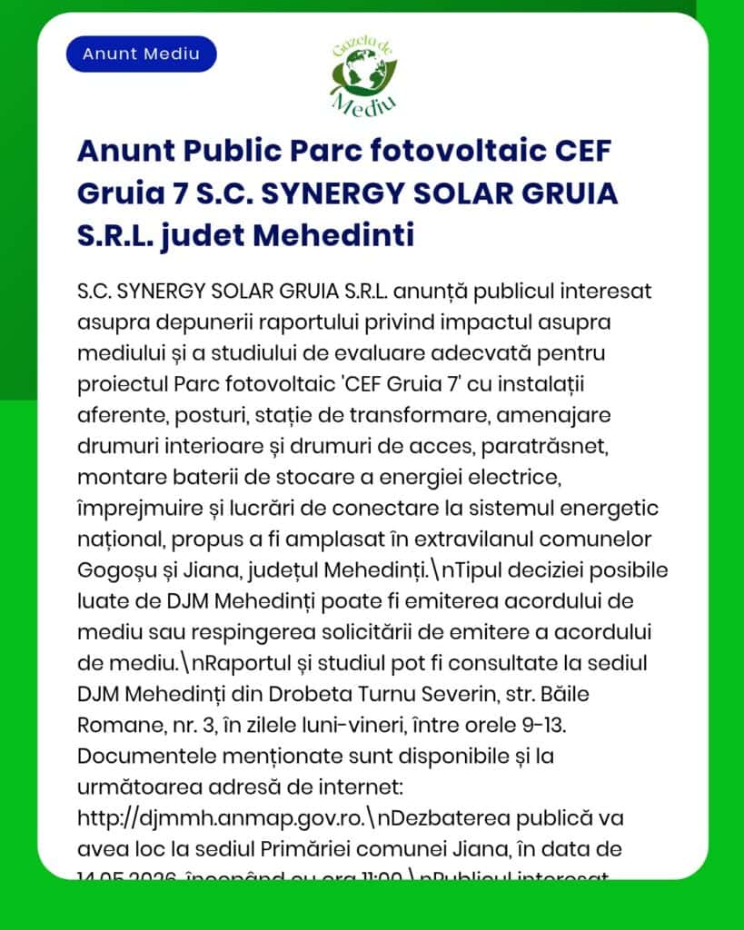 Proiect de instalare parc fotovoltaic de S.C. SYNERGY SOLAR GRUIA S.R.L. în Mehedinți, cu detalii despre proceduri.