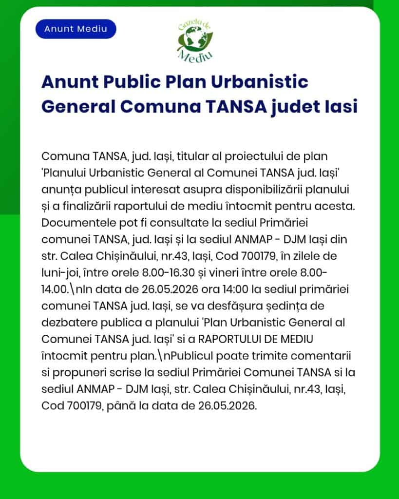 Plan Urbanistic pentru Comuna TANSA, Iași, disponibil public conform afișului informativ.