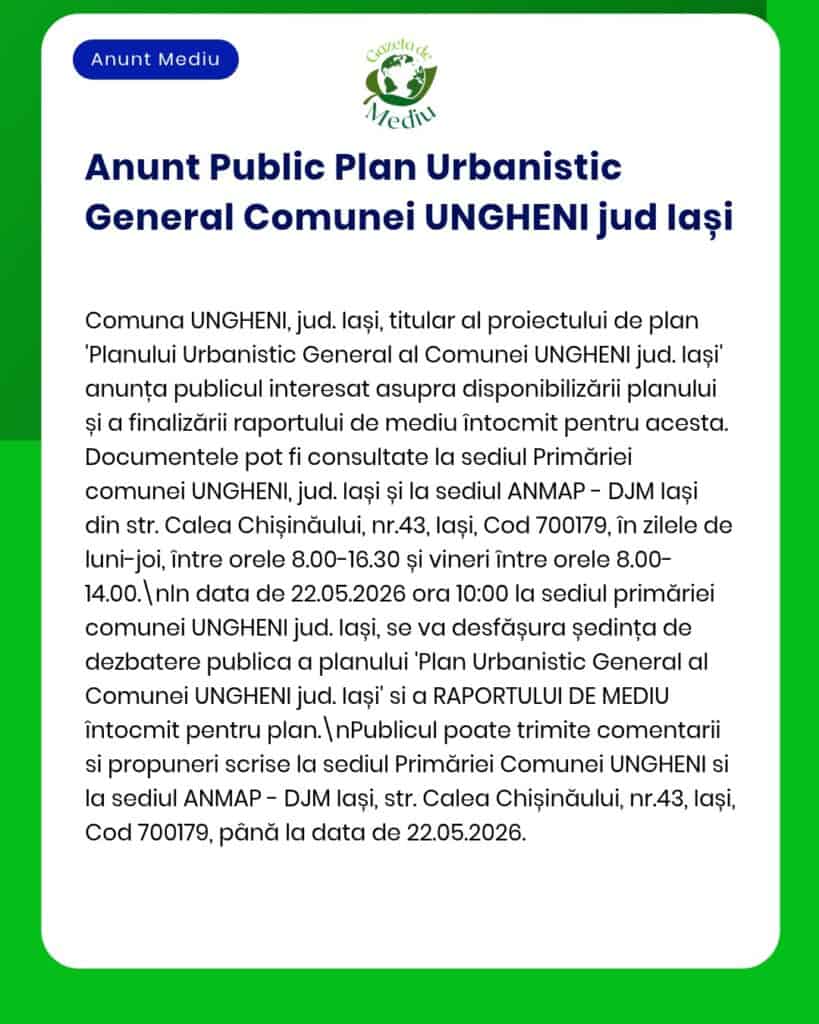 Informare privind anunțul public referitor la Planul Urbanistic pentru Ungheni, Iași.