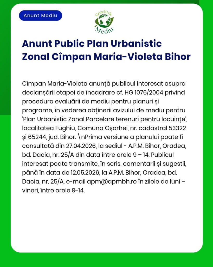 Anunț de interes privind Planul Urban Zonal Fughiu, Bihor, România, cu detalii despre procedură.