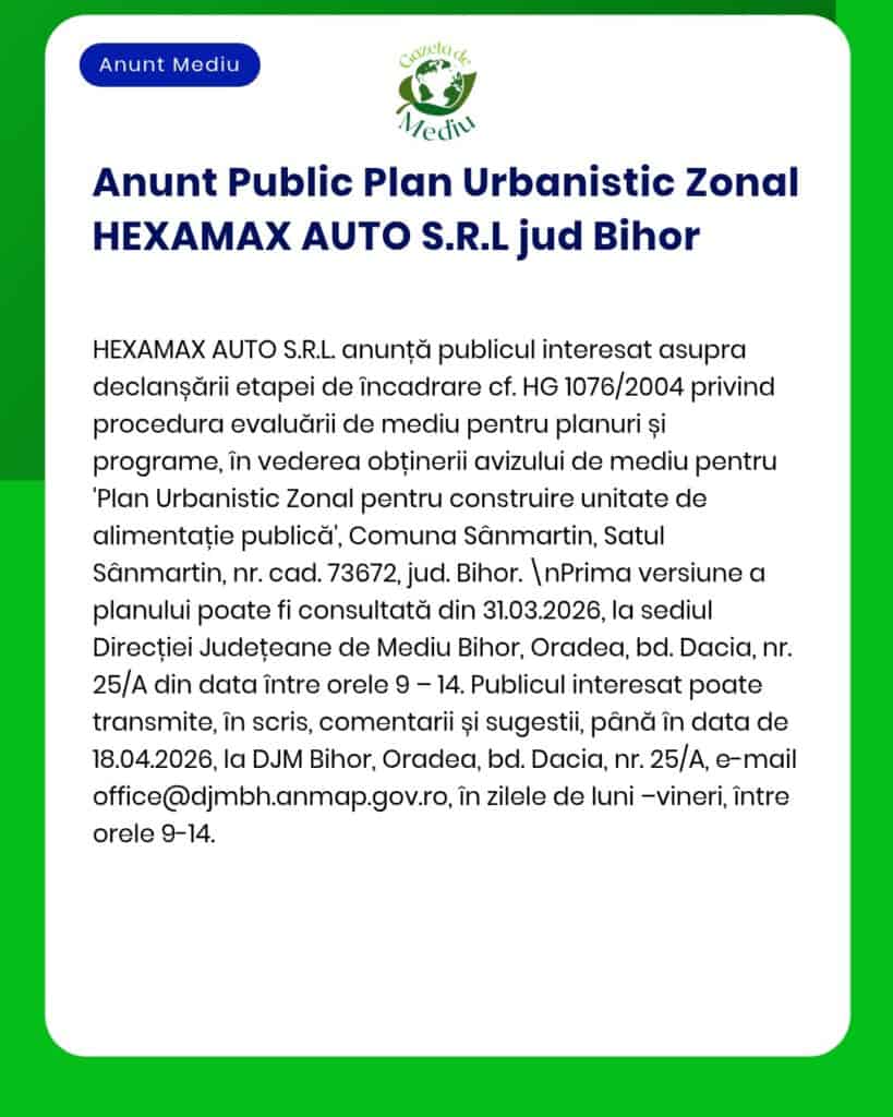 Plan urbanistic Sânmartin, Bihor, inițiat de HEXAMAX AUTO S.R.L.