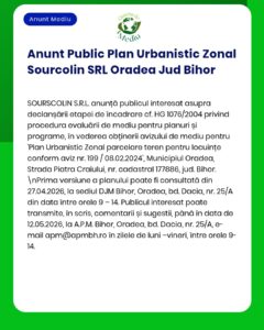 Anunț privind un plan de urbanism în Oradea, Bihor, cu detalii despre proiect și proprietate.