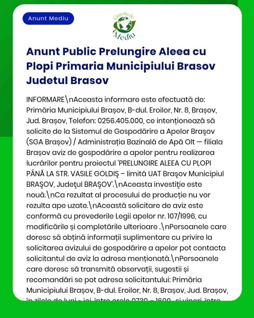 Anunț despre proiectul "Prelungire Aleea cu Plopi" din Brașov, cu informații relevante despre proiect.