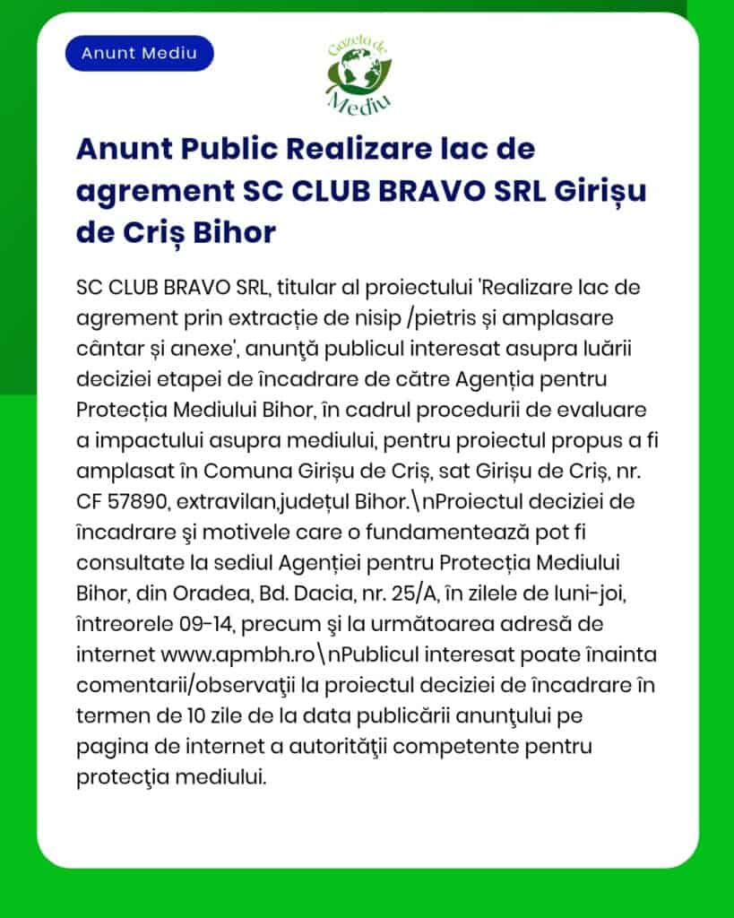 Anunț privind construirea unui lac de către SC CLUB BRAVO SRL, prezentat într-un chenar cu detalii și sigla APM.