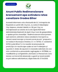 Anunț privind extinderea rețelei de canalizare Oradea Bihor, cu detalii despre proiect și referințe legale relevante.