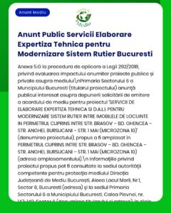 Anunț privind achiziția de servicii de expertiză tehnică pentru modernizarea sistemului rutier din București, cu zonele vizate.