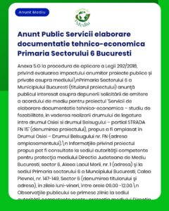 Anunț privind documentația tehnico-economică pentru lucrări rutiere în Sectorul 6, București, cu evaluarea impactului și etapele proiectului.
