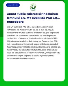 S.C. MY BUSINESS PAD S.R.L. solicită autorizare pentru activități de tăiere și rindeluire a lemnului în Hunedoara.