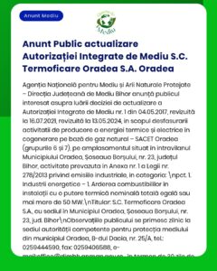 APM anunță actualizarea autorizației de mediu pentru SACET Oradea, cu mențiuni despre perioadele de revizuire.
