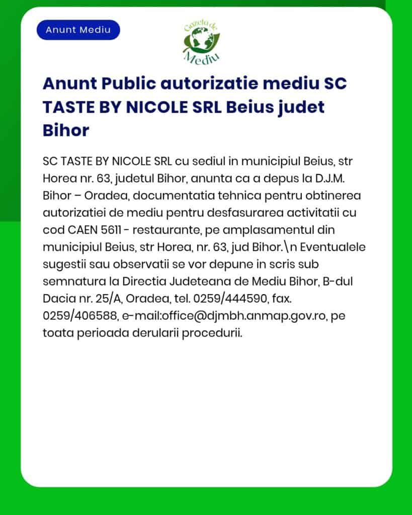 Anunț APM privind autorizarea de mediu pentru SC TASTE BY NICOLE SRL în Beiuș, Bihor.