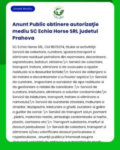Ecovia Horse SRL solicită autorizație de mediu în Prahova pentru managementul deșeurilor și serviciilor conexe.