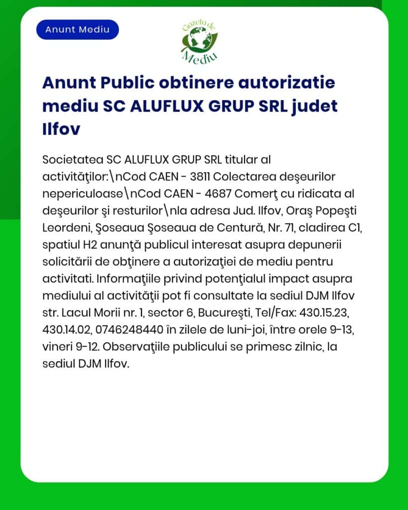 Anunț privind solicitarea SC ALUFLUX GRUP SRL pentru emiterea avizului de mediu în Ilfov.