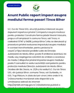 Anunț despre raportul de mediu pentru proiectul fermei avicole Tinca Bihor, cu detalii procedurale.