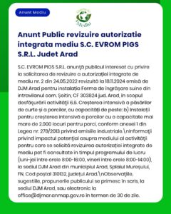 Revizuire a autorizației integrate de mediu pentru S.C. EVROM PIGS S.R.L., activitate și data privind perioadele avizului.