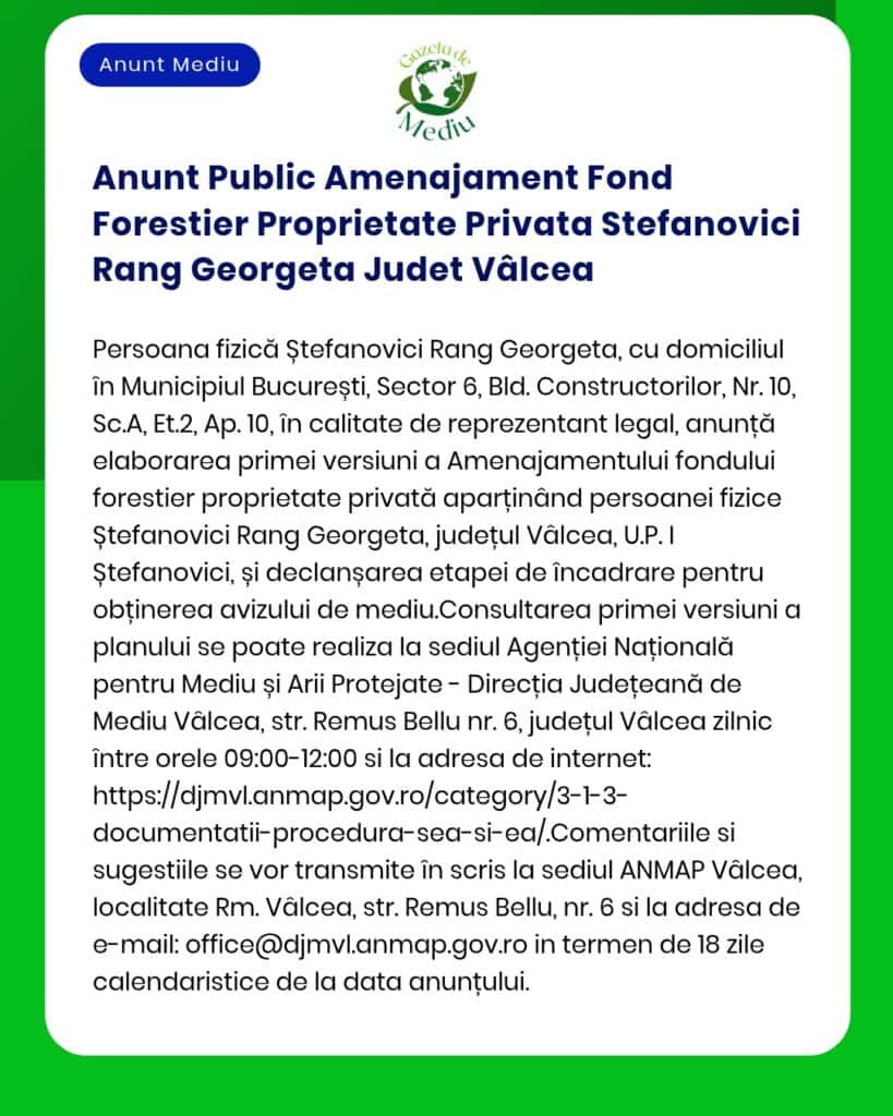 Anunt Public Amenajament Fond Forestier Proprietate Privata Stefanovic