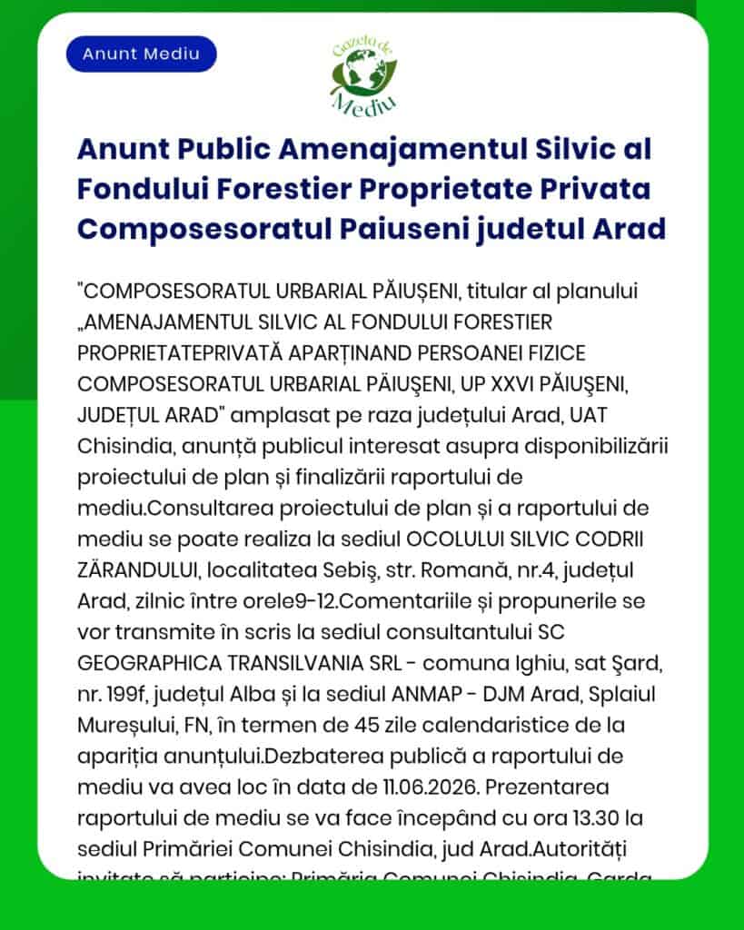 Anunt Public Amenajamentul Silvic al Fondului Forestier Proprietate Pr