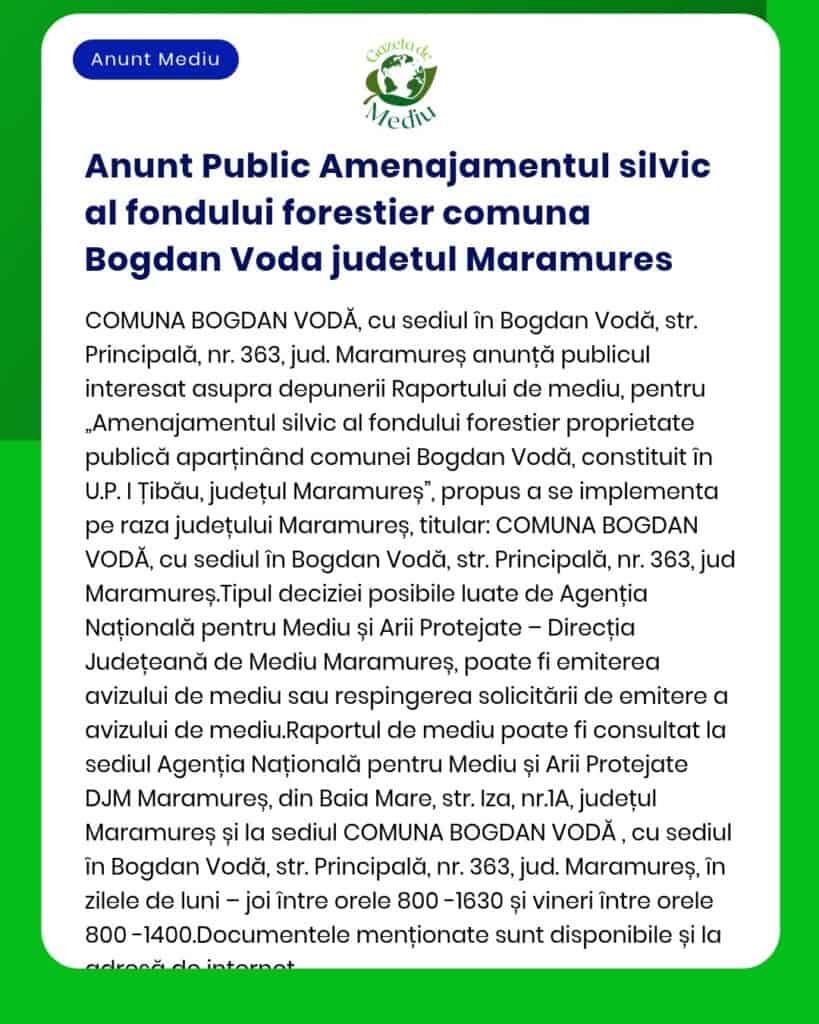 Anunt Public Amenajamentul silvic al fondului forestier comuna Bogdan