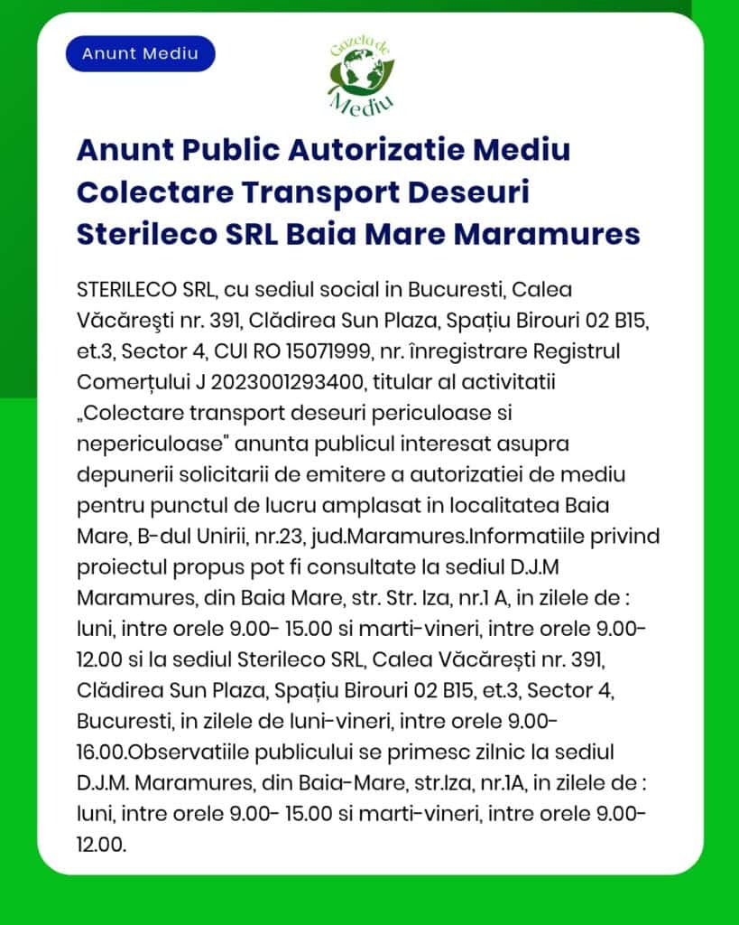 Anunt Public Autorizatie Mediu Colectare Transport Deseuri Sterileco S