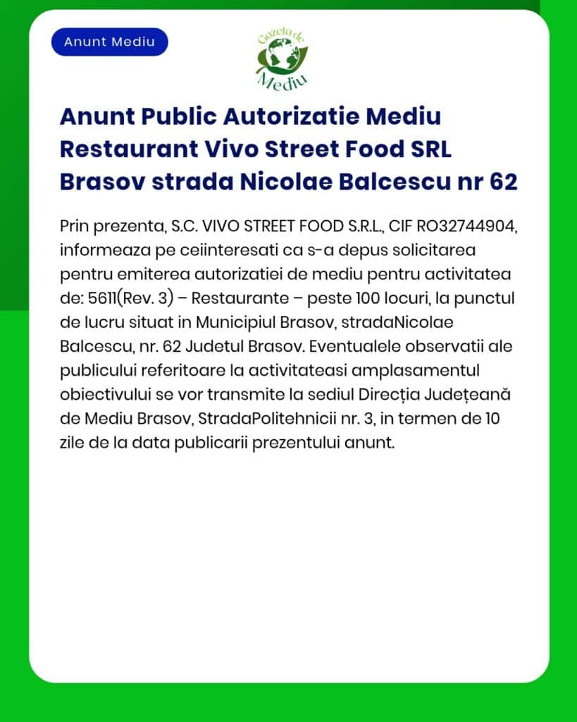 Anunt Public Autorizatie Mediu Restaurant Vivo Street Food SRL Brasov