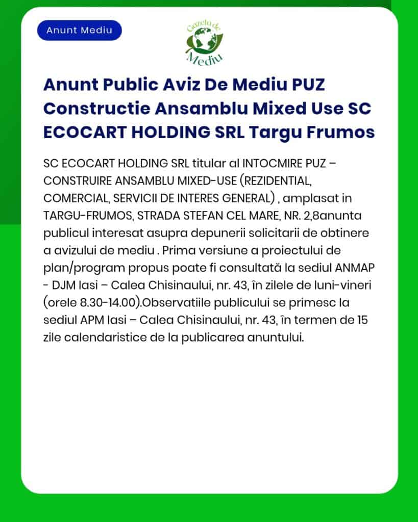 Anunt Public Aviz De Mediu PUZ Constructie Ansamblu Mixed Use SC ECOCA