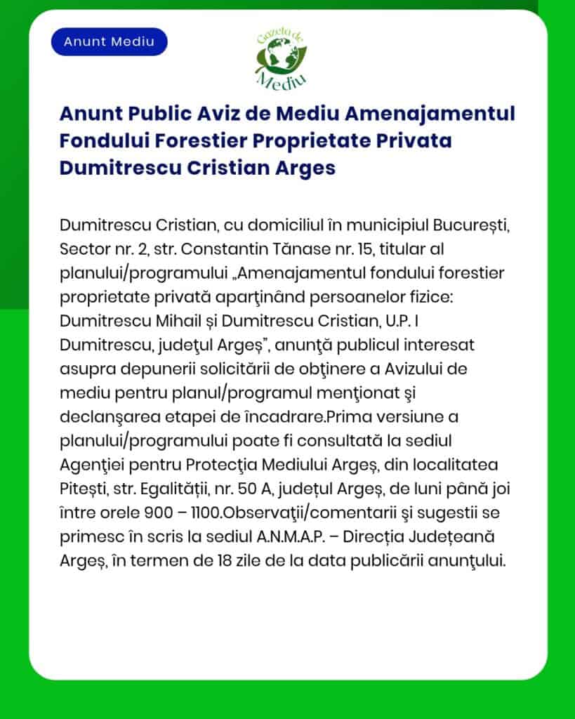Anunt Public Aviz de Mediu Amenajamentul Fondului Forestier Proprietat